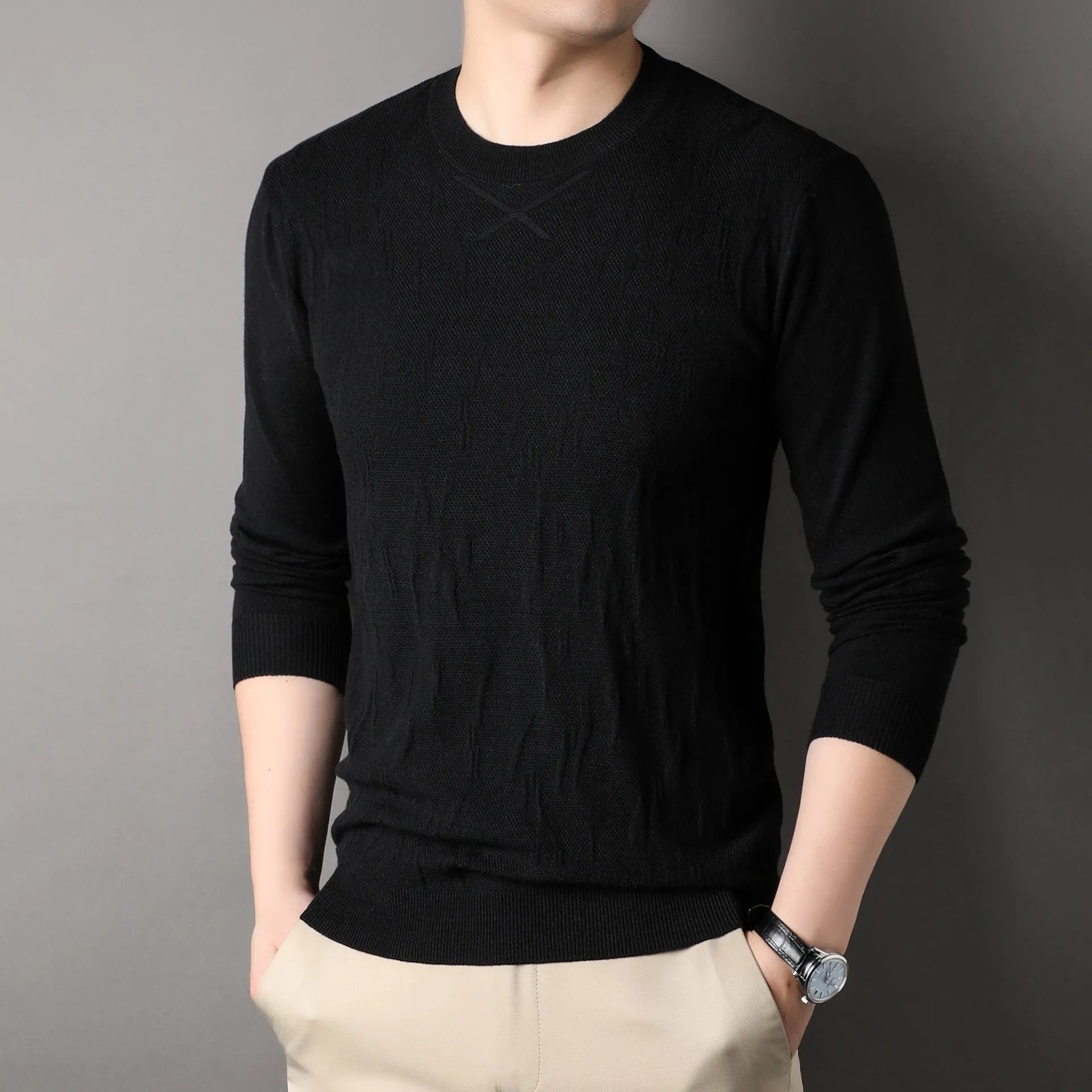 Men's solid colour polyester fibre loose fit long sleeve sweater in khaki, available in sizes M to 4XL