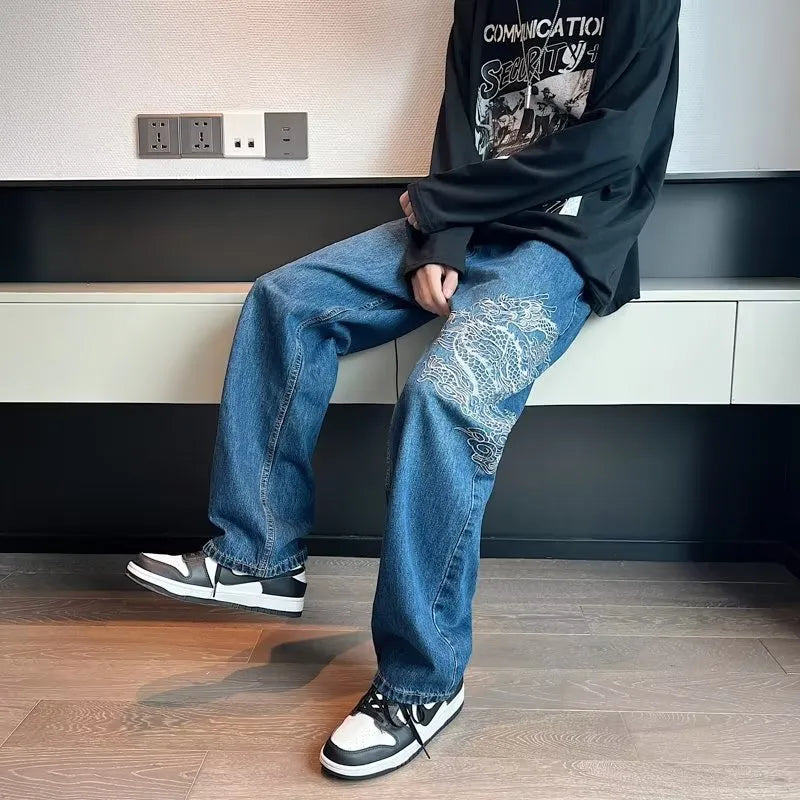Men's loose embroidered jeans in Golden Dragon colour, made from polyester cowboy fabric, three-dimensional tailoring, size S to 3XL