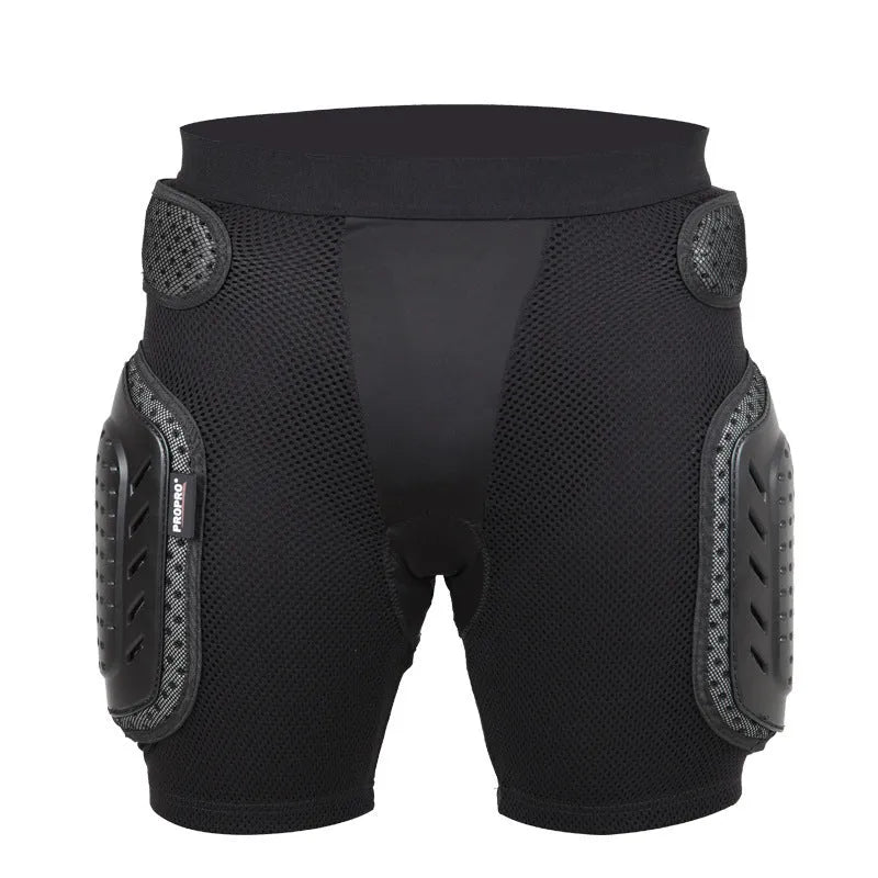 Black cycling hip pad protective pants with adjustable waistband for mountain biking and motocross