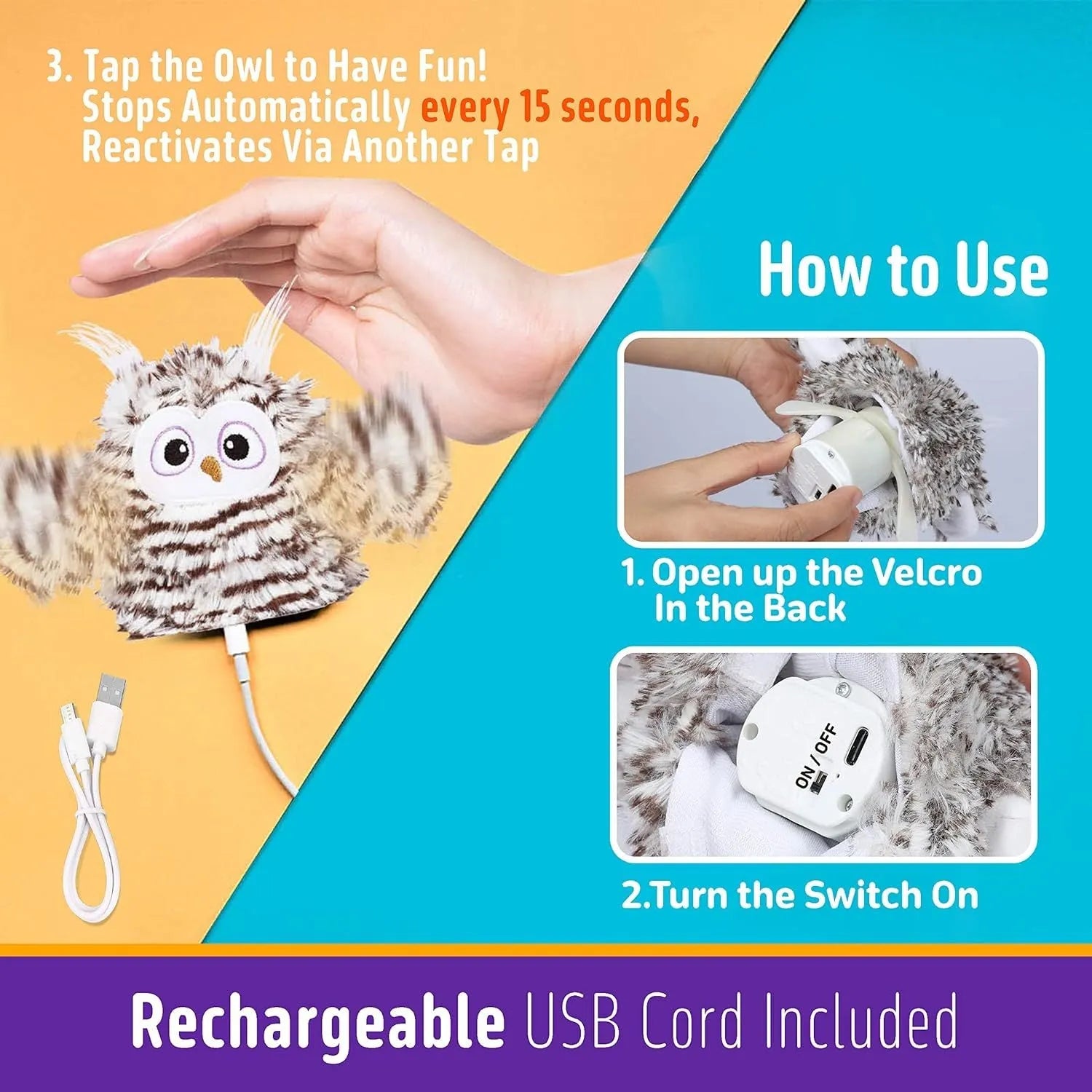 Grey interactive owl cat toy with beating wings for indoor feline entertainment