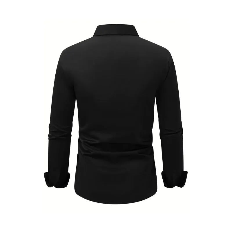 Men's long sleeve solid colour button down shirt with lapel collar in navy blue polyester velvet fabric