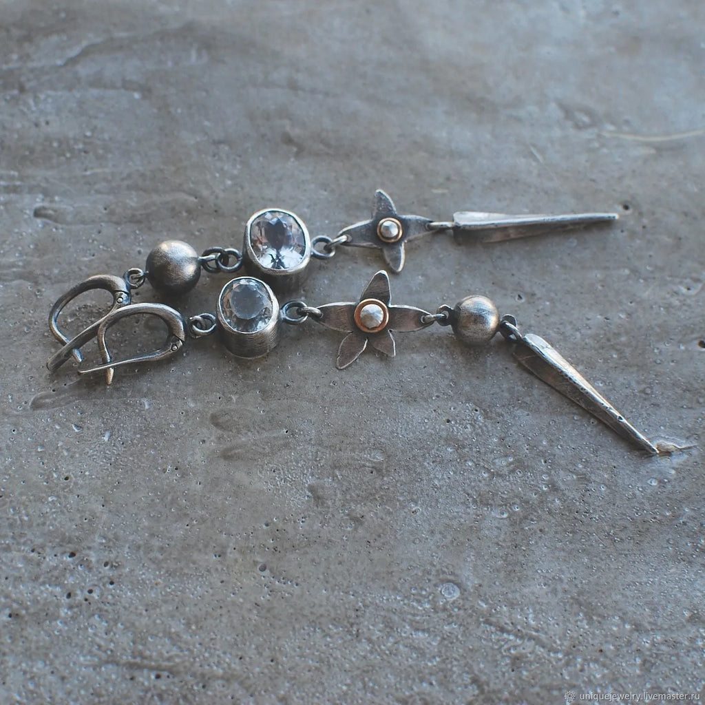 Hesheng geometric antique silver-plated long pendant earrings with XINGX rhinestone design