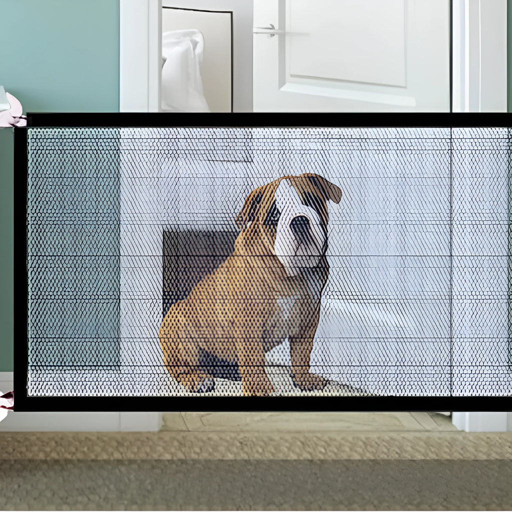 Foldable black cloth pet protection fence placed in a doorway, 110x72 cm size, for holding a small dog