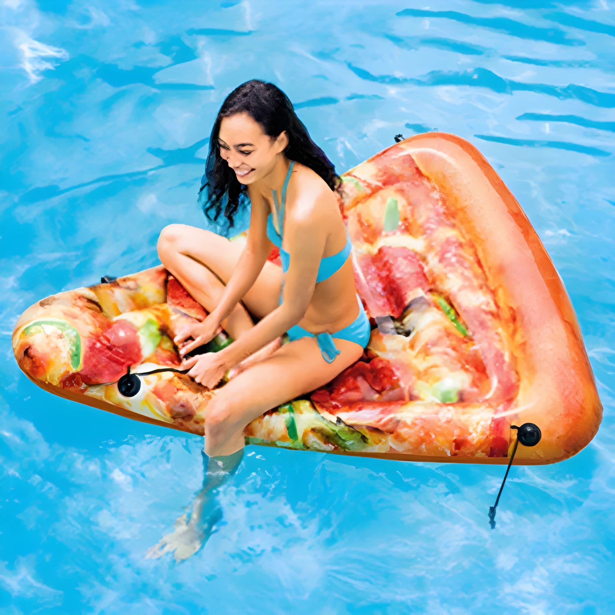 Large inflatable pizza-themed surfboard recliner floating in water