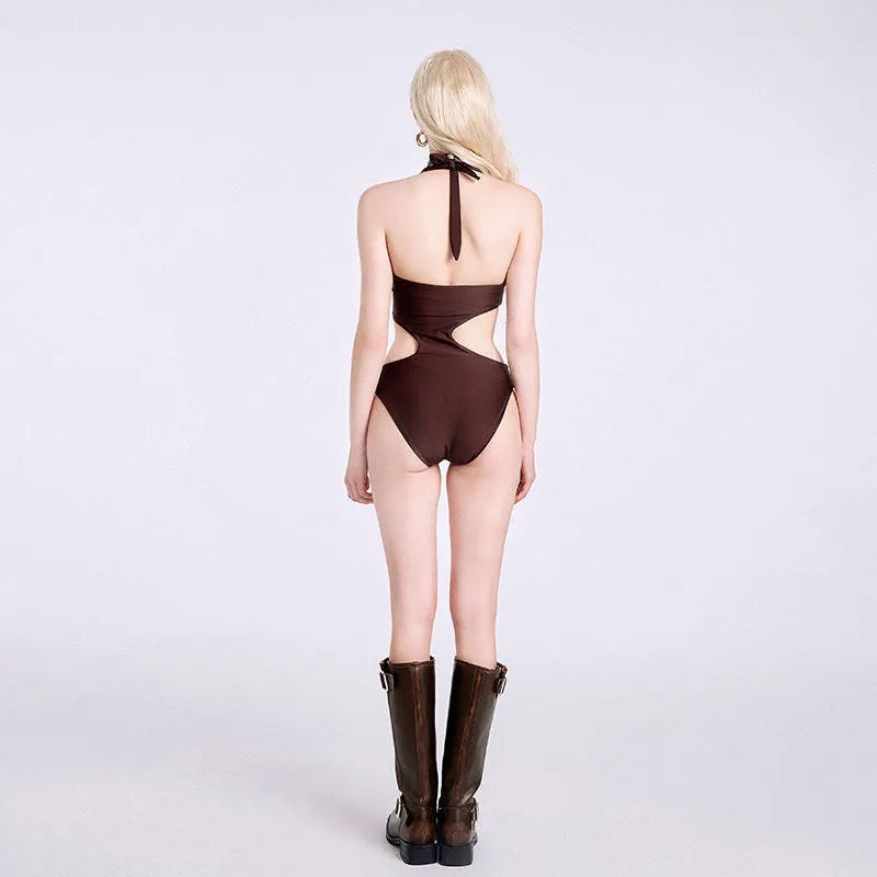 Dark brown children's one-piece swimsuit with sleeveless design on mannequin
