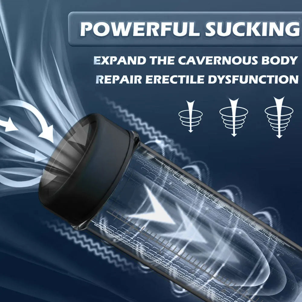 Electric pump unit for a male training masturbation device made from black ABS and TPE materials.