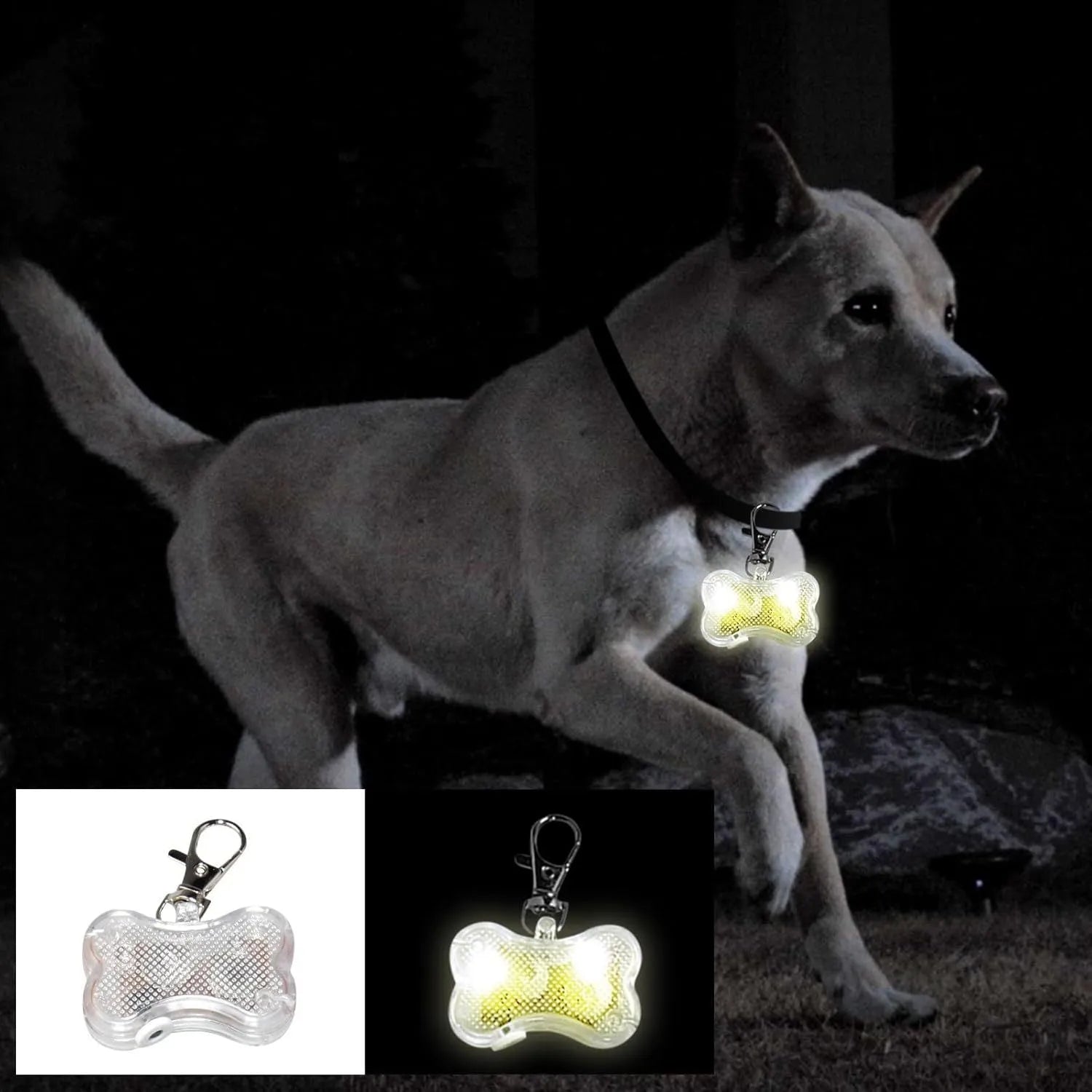 LED bone-shaped pendant for pet collars in various colours with three lighting modes