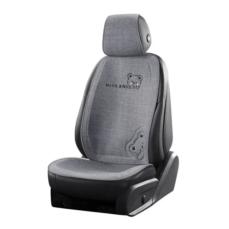 Car seat cushion set with headrest and lumbar support in linen covers with Cure Bear cartoon designs