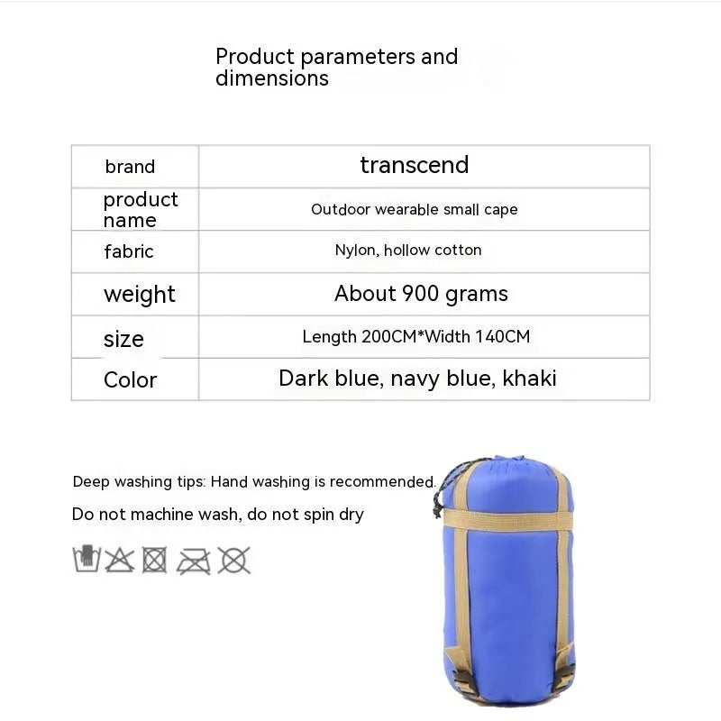 Army Green wearable sleeping bag cloak laid flat showing 200x140cm dimensions and convertible design