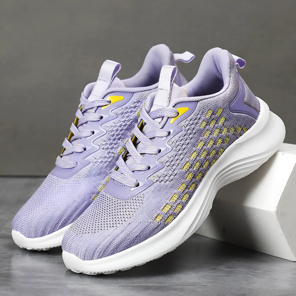 Women's lavender purple and sapphire blue Flyknit running shoes with striped pattern and mesh lining