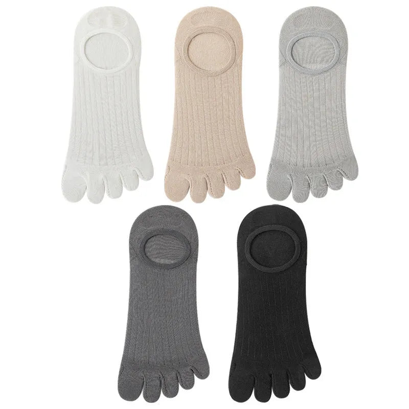 Modal five-finger ultra-thin boat socks in black, white, grey, and khaki colours for summer.
