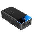 Black large capacity 50000mah portable power bank showing three output USB ports and three input charging ports on side