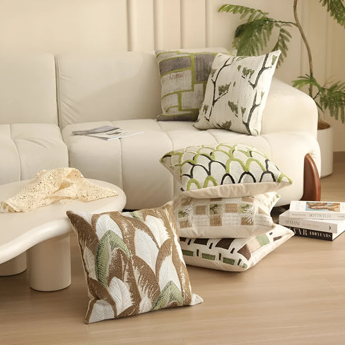 45cm square jacquard woven cushion cover with embroidered floral pattern in retro Nordic style