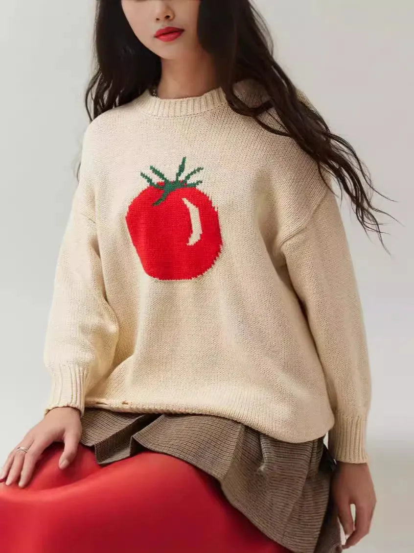 Women's milky white beige acrylic jacquard pullover sweater with round neck and long sleeves