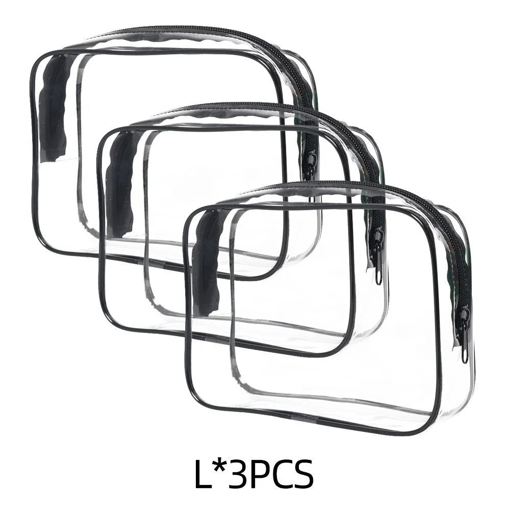 Semi-transparent PVC makeup bag in black, pink, or white colour, shown in L and XL sizes.
