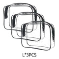 Semi-transparent PVC makeup bag in black, pink, or white colour, shown in L and XL sizes.