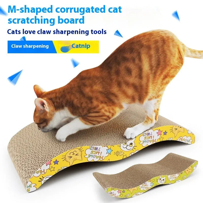 Corrugated paper cat scratch board in a geometric shape option such as bone type or trapezoid.