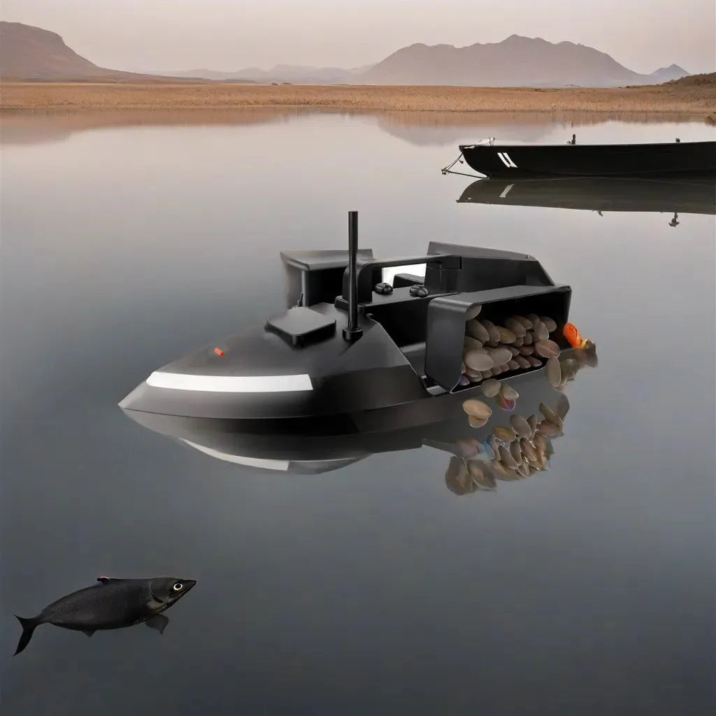 V020 black and luminous yellow remote control GPS fishing boat with handbag and transmitter on grass