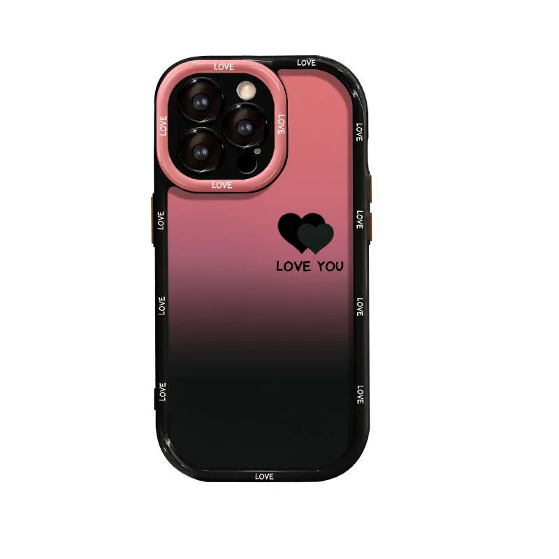 Acrylic hard shell iPhone case with fine hole pattern and a gradient love heart design on a cream and black background.