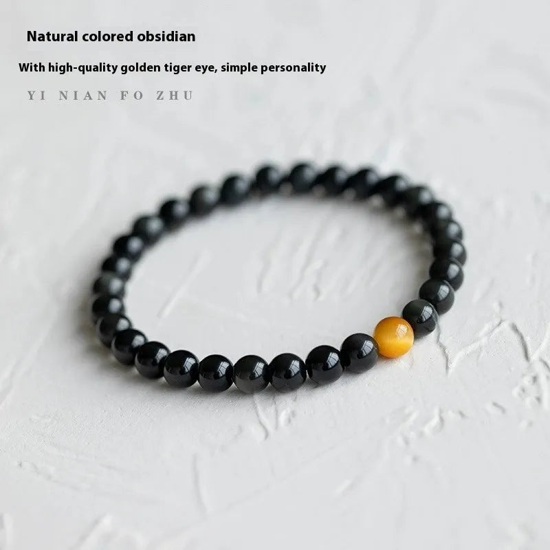 Korean-style geometric obsidian bracelet with natural eye pattern stones