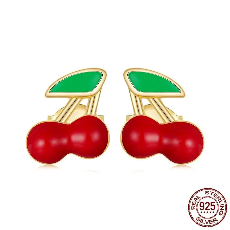 Pair of red cherry shape 925 silver stud earrings with glossy drip oil finish