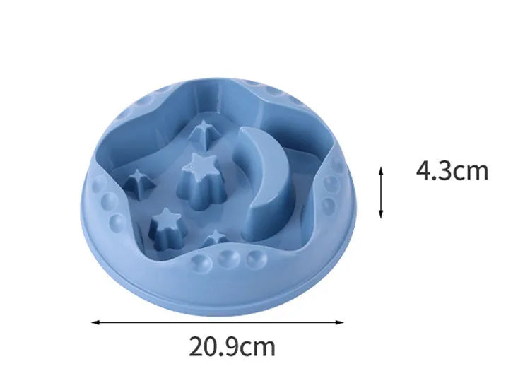 Moon star wings design slow feeder dog bowl in blue with non-slip base and internal ridges.