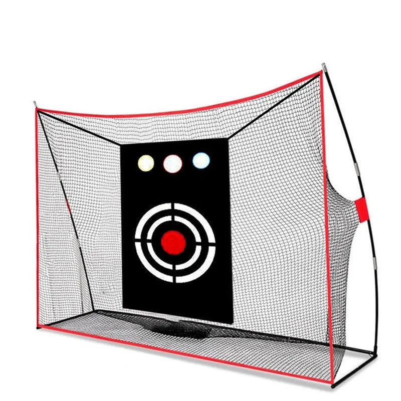 Golf wedge training net with three-hole target, foam practice mat, and red and white practice balls
