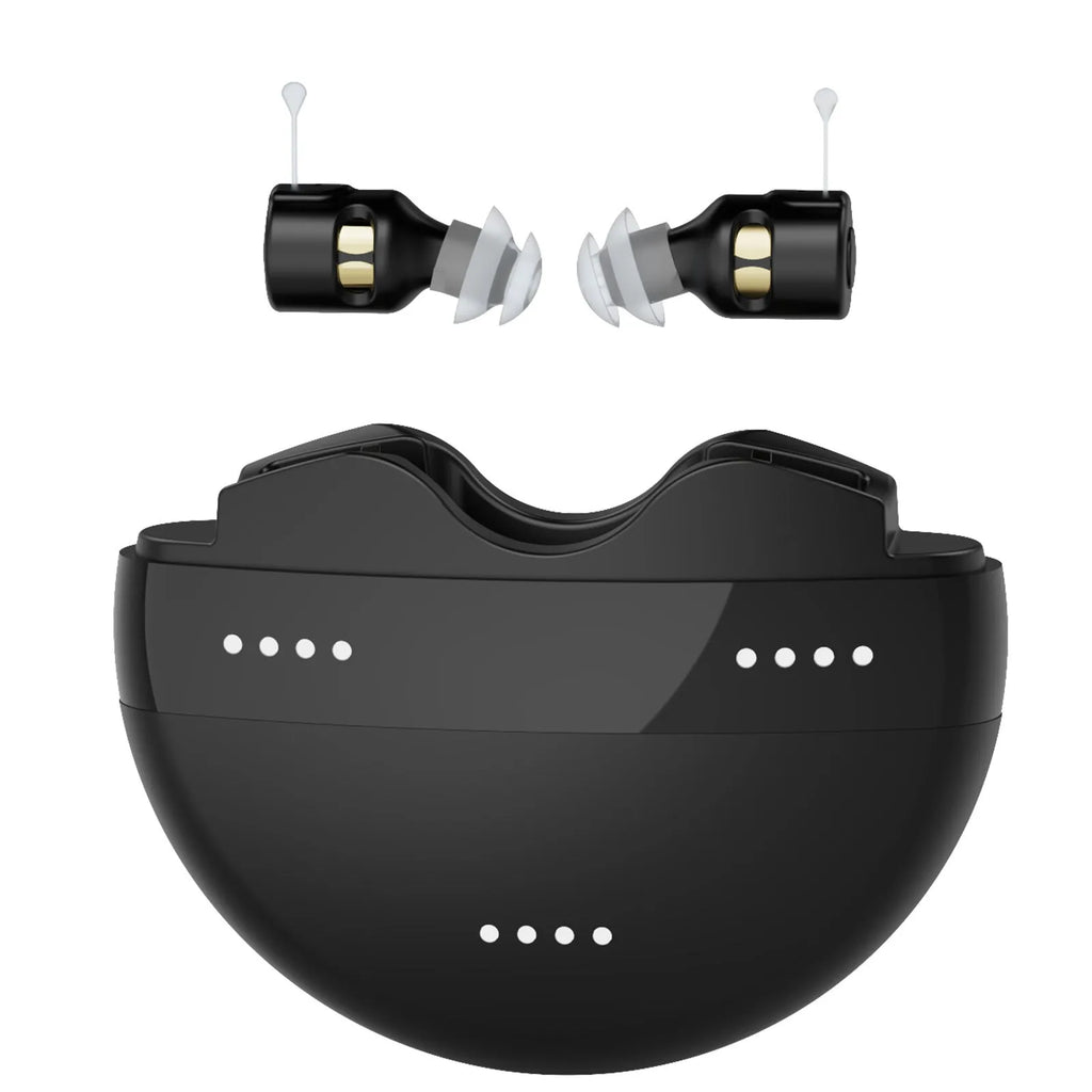 Within-the-ear rechargeable digital voice amplifier for elderly in black ABS finish with compact design