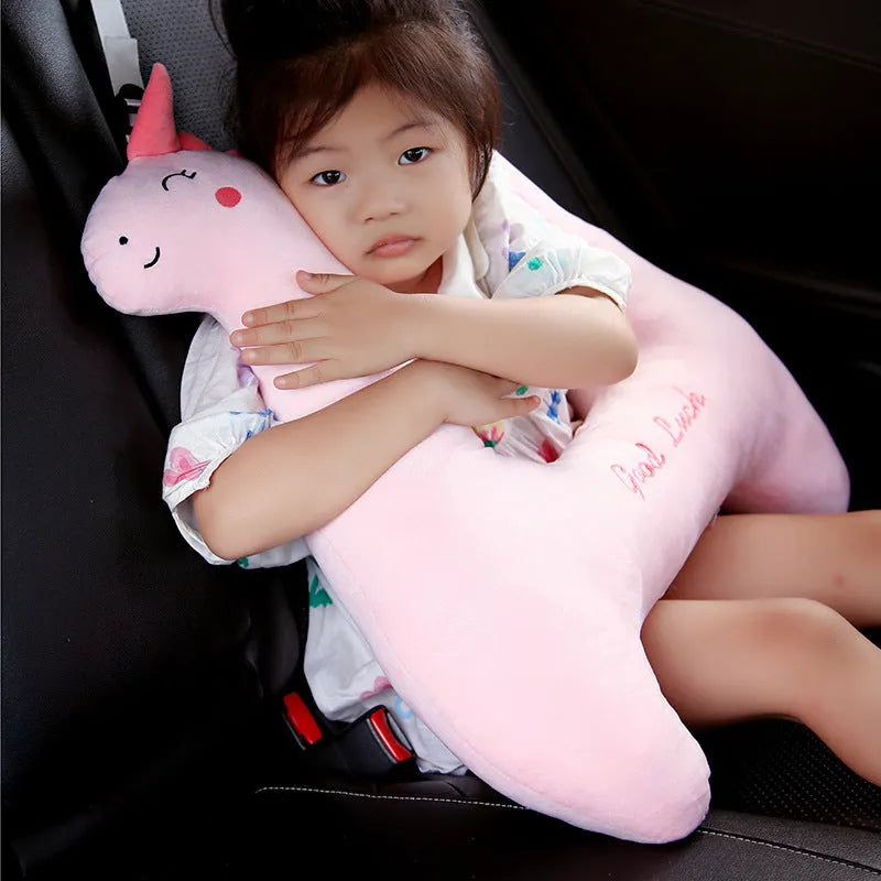 Dinosaur pattern soft plush car bolster pillow for travel, size 60cm by 55cm.