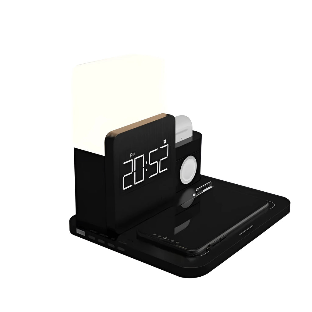 A dark green 3-in-1 Qi wireless charging stand holding a smartphone.