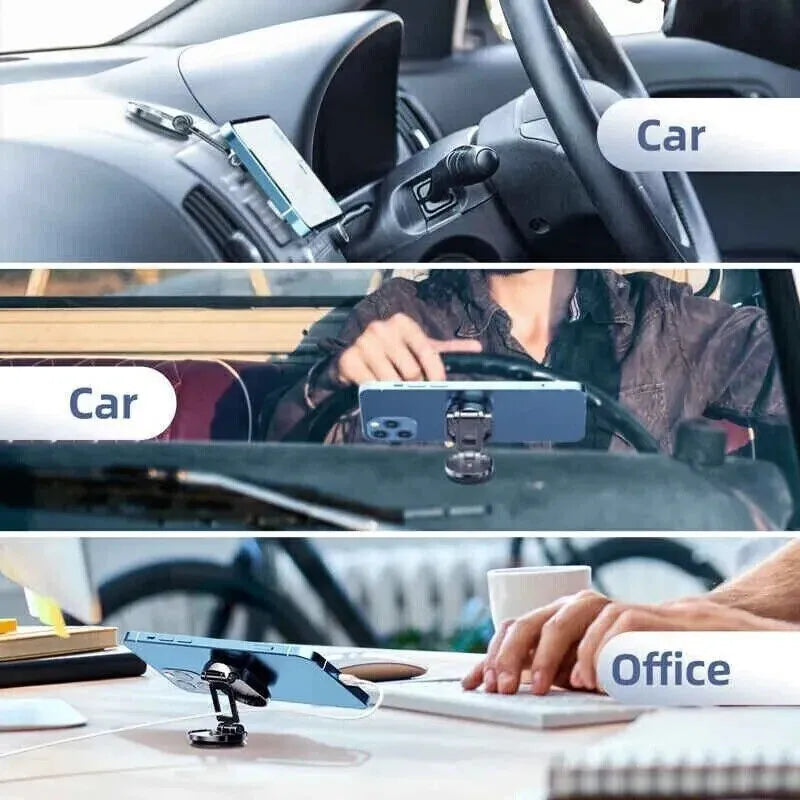 Chrome magnetic car phone holder with foldable bracket on a dashboard