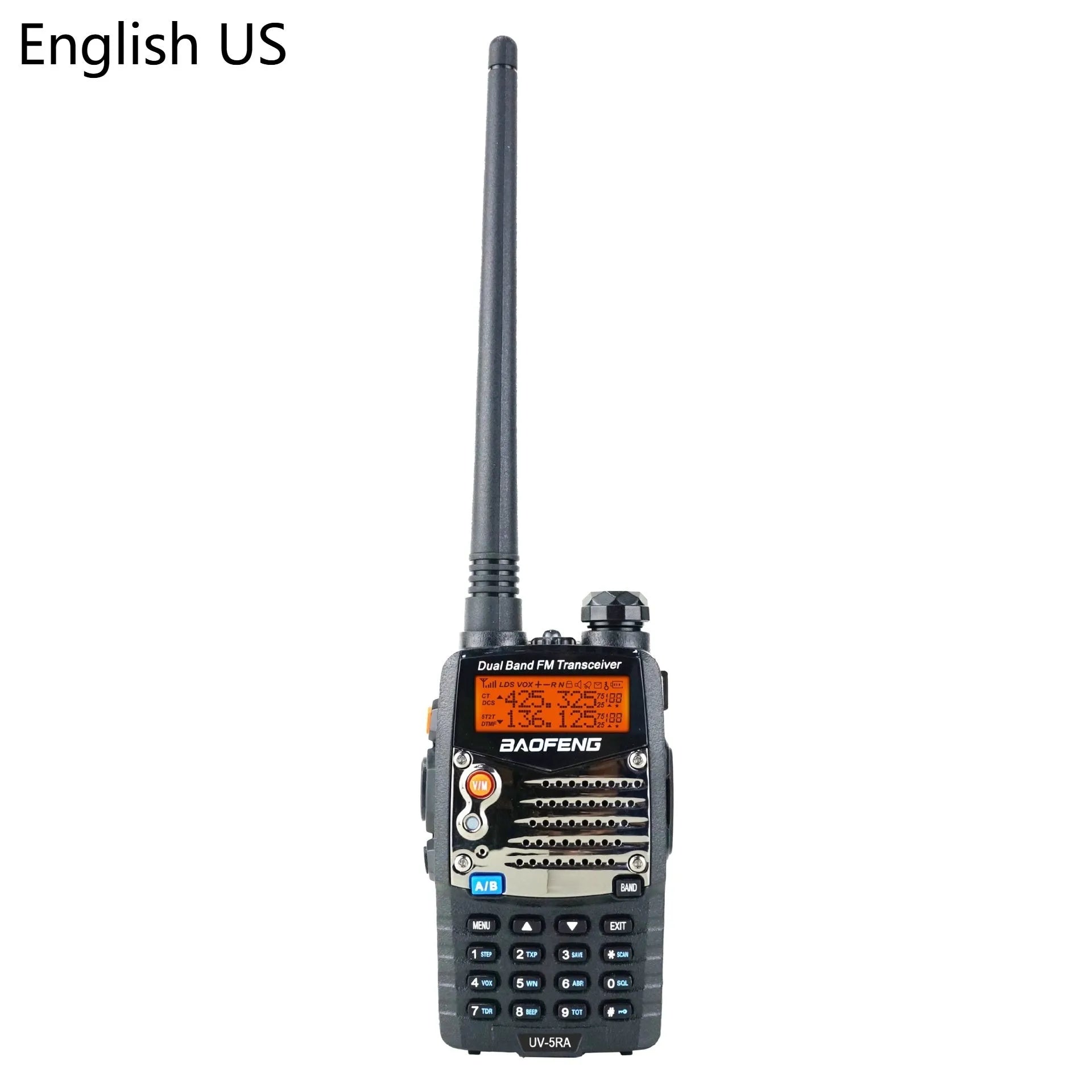 Baofeng UV-5RA dual-band two-way radio with dual display, shown without battery.
