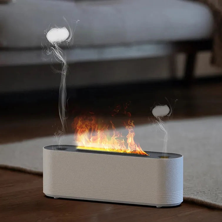 Flame air humidifier diffuser with LED lights showing flame effect, black colour, USB cable