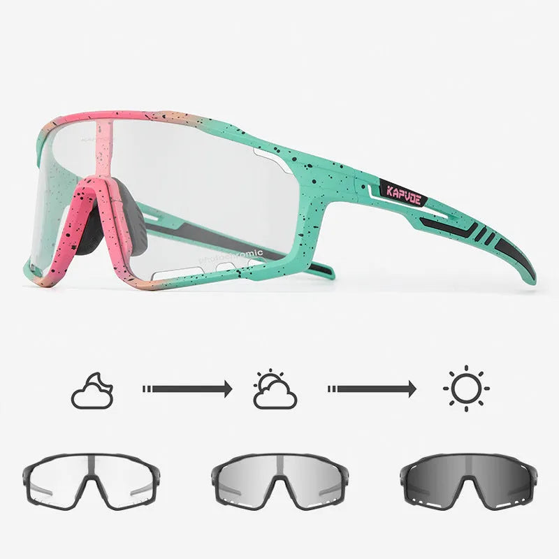 Photochromic cycling sunglasses with semi-rimless TR90 frame in one of 14 colour options.