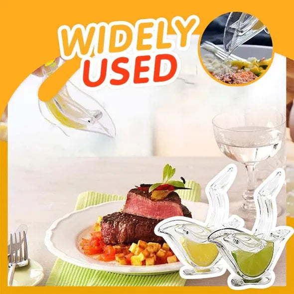 Transparent acrylic bird-shaped manual lemon juicer on a kitchen counter.