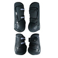 No 9 colour barrier horse leg guards showing PU hard shell and neoprene with air holes, in blue colour.
