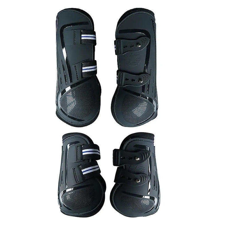 No 9 colour barrier horse leg guards showing PU hard shell and neoprene with air holes, in blue colour.