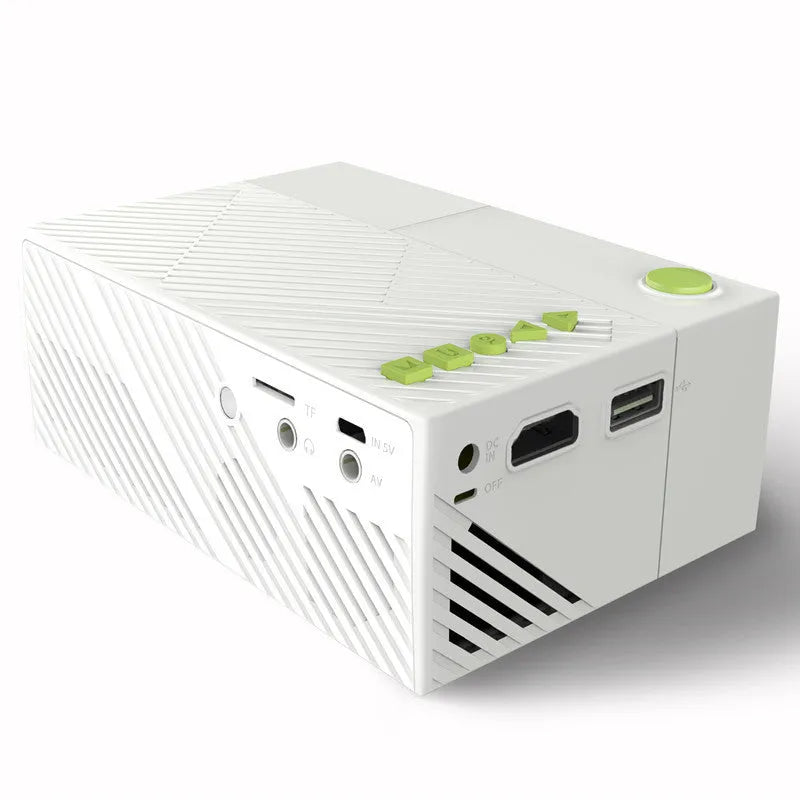 YG310 mini portable HD LED projector with front projection lens and compact black casing