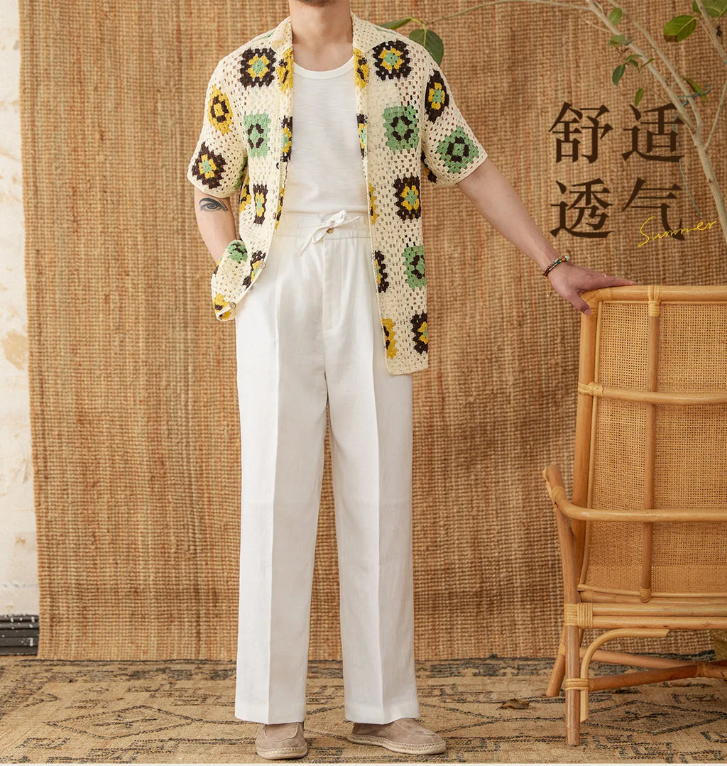 Linen high waist straight-leg trousers with elasticated waistband in greige colour.