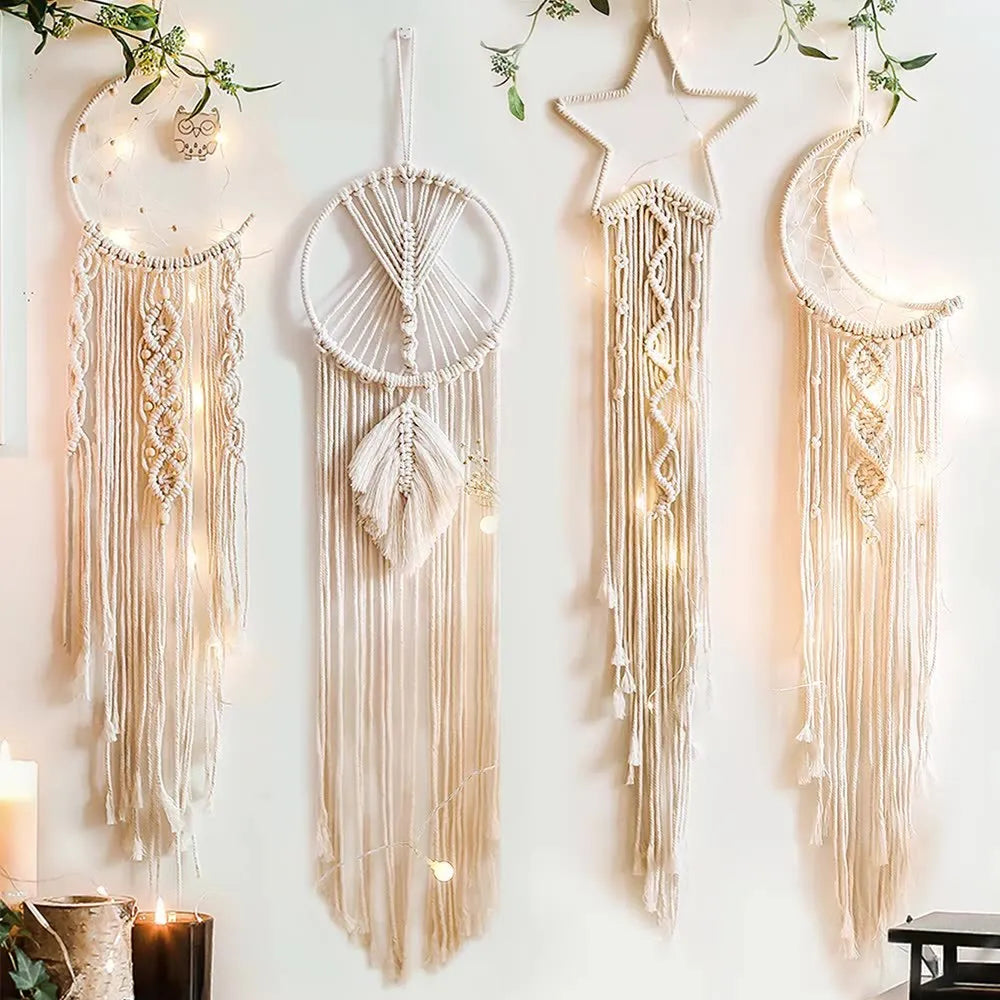 Handmade woven dreamcatcher hanging lamp with light, 90cm long cotton thread