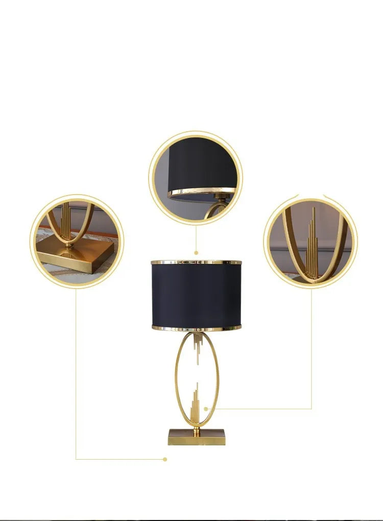 White single gilt-edged Nordic bedside lamp on wooden table, trumpet shade, diameter 30cm height 58cm
