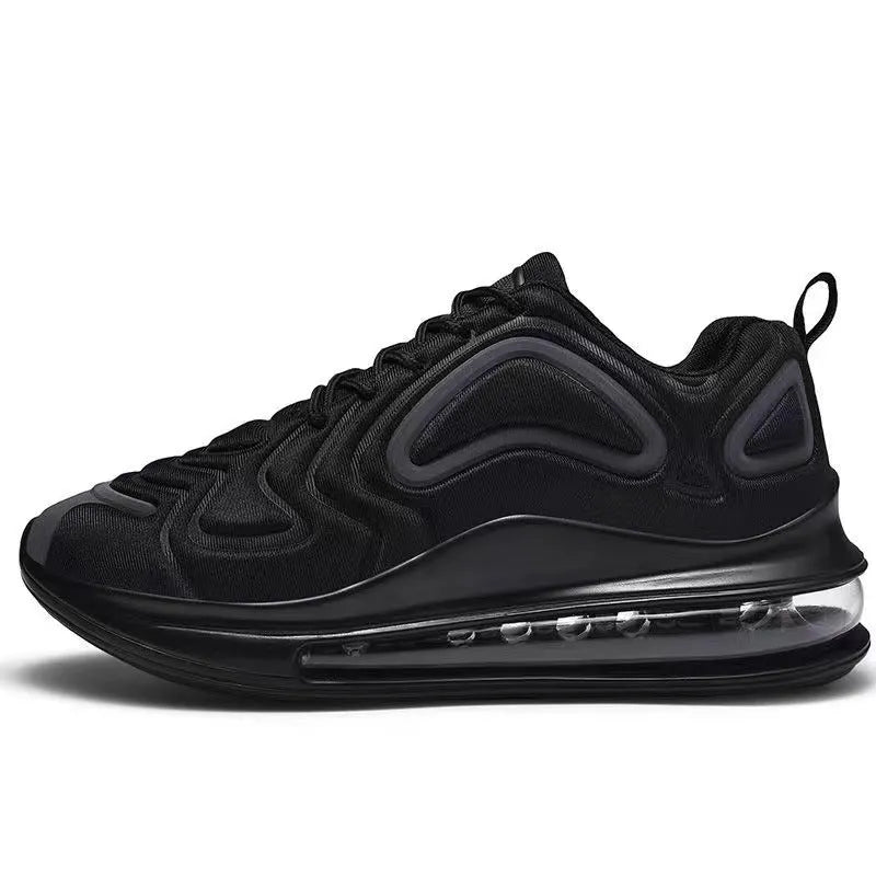 Men's black casual sneakers with lace-up front and air cushion design for running and outdoor activities