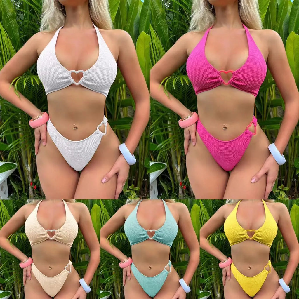 New Love split swimwear set for women, polyester top and shorts, beige colour, sleeveless briefs style, summer beachwear