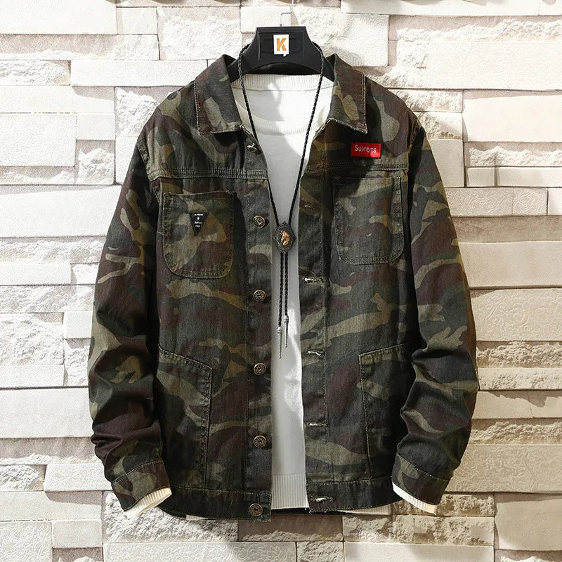 Men's camouflage denim jacket made from cotton cowboy fabric, front view, available in sizes M to 5XL