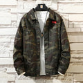 Men's camouflage denim jacket made from cotton cowboy fabric, front view, available in sizes M to 5XL