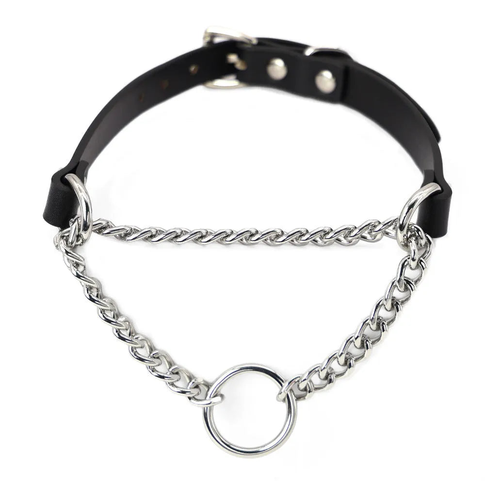 Black leather bondage collar and leash set with hand grip rope section