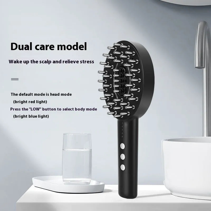 Black scalp medicine supplying and massage device with charging cable on a white background