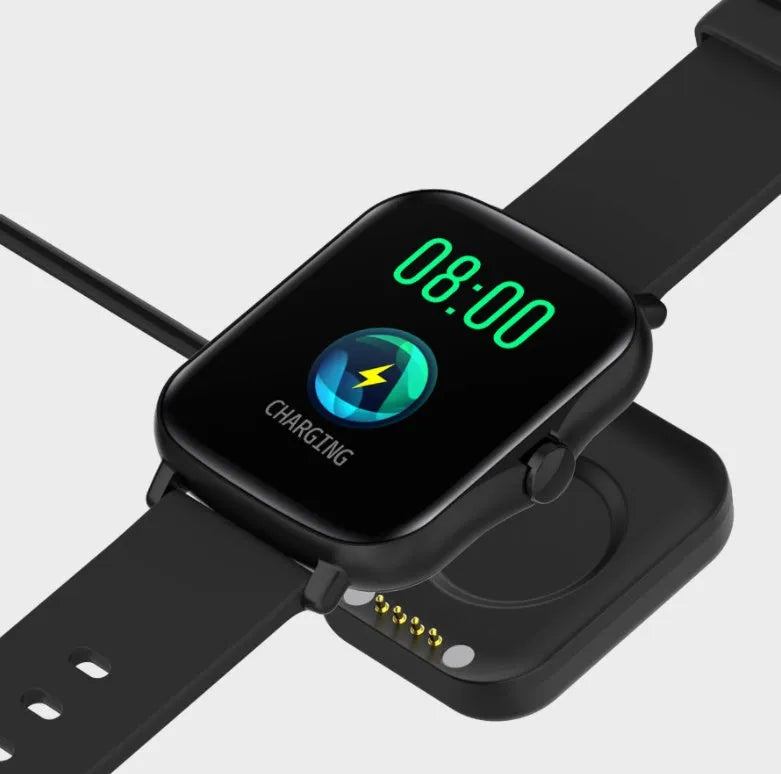 Black smart watch with 1.7-inch colour touch screen and adjustable strap on a wrist.