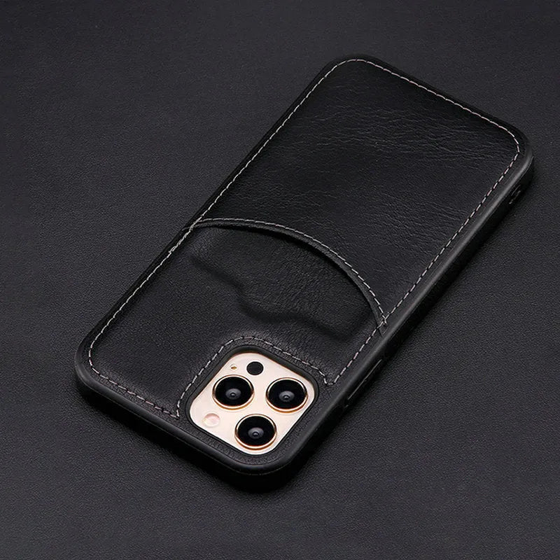 Dark blue PU leather protective case on an iPhone, showing a snug fit and raised edges around the screen.