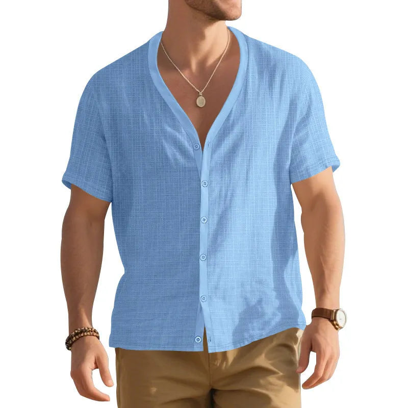 Men's loose-fit bamboo imitation linen short-sleeved Henley shirt in solid colour, front view
